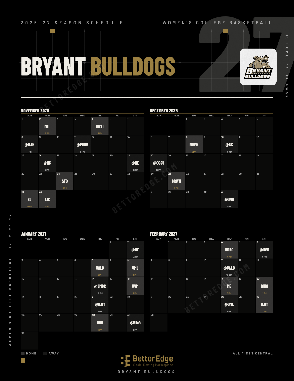Bryant Bulldogs 2026-27 women's basketball schedule, free printable, every game with start times and TV