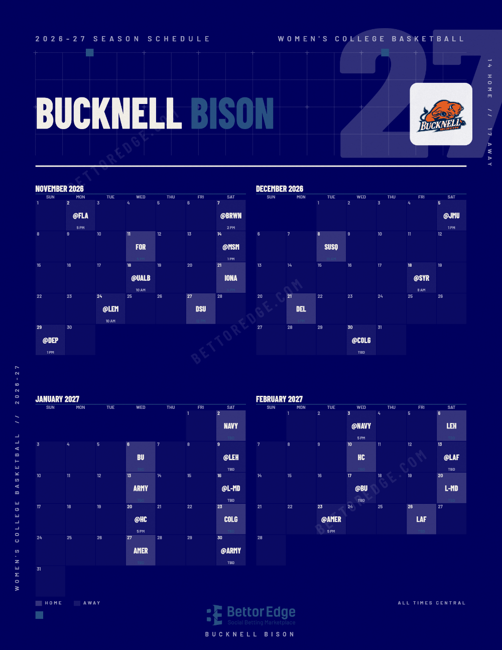 Bucknell Bison 2026-27 women's basketball schedule, free printable, every game with start times and TV