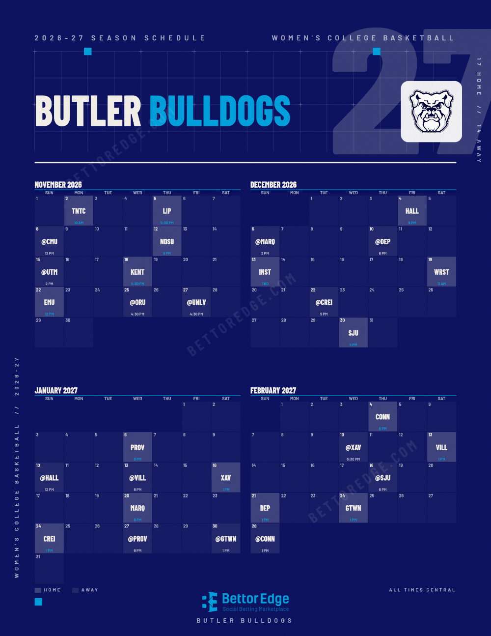 Butler Bulldogs 2026-27 women's basketball schedule, free printable, every game with start times and TV