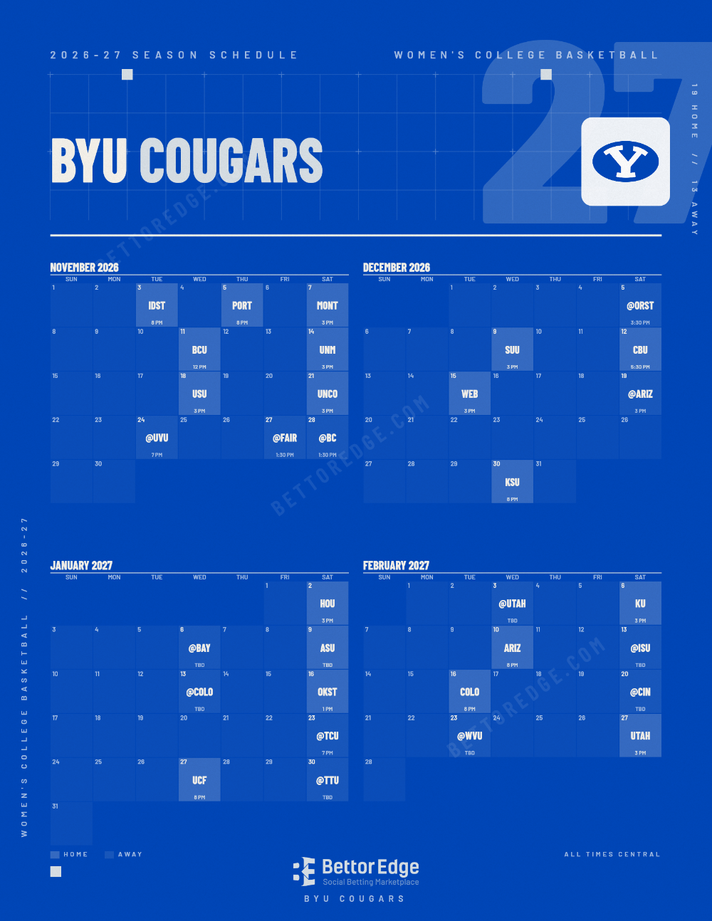 BYU Cougars 2026-27 women's basketball schedule, free printable, every game with start times and TV