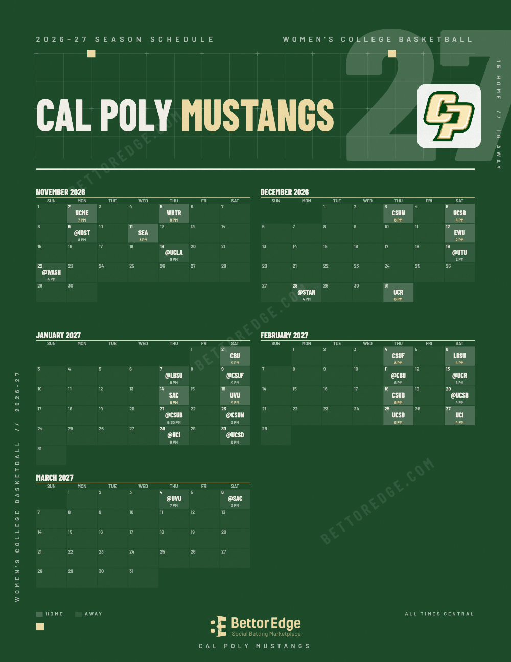 Cal Poly Mustangs 2026-27 women's basketball schedule, free printable, every game with start times and TV