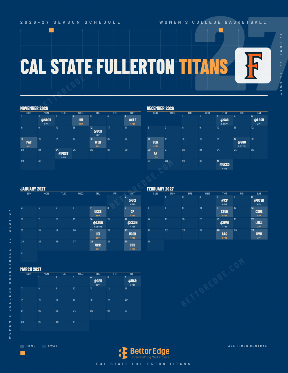Cal State Fullerton Titans 2026-27 women's basketball schedule, free printable, every game with start times and TV