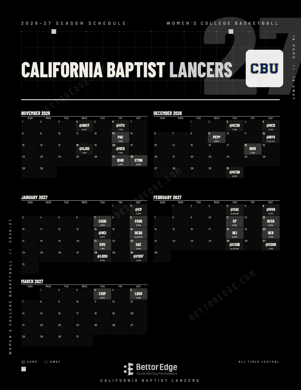 California Baptist Lancers 2026-27 women's basketball schedule, free printable, every game with start times and TV
