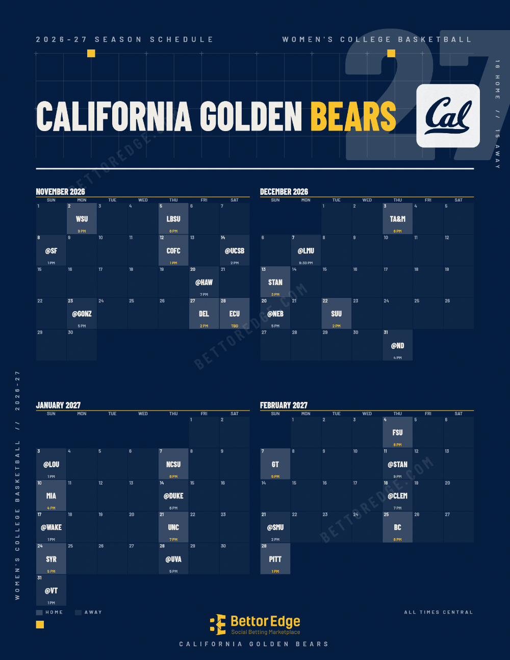 California Golden Bears 2026-27 women's basketball schedule, free printable, every game with start times and TV