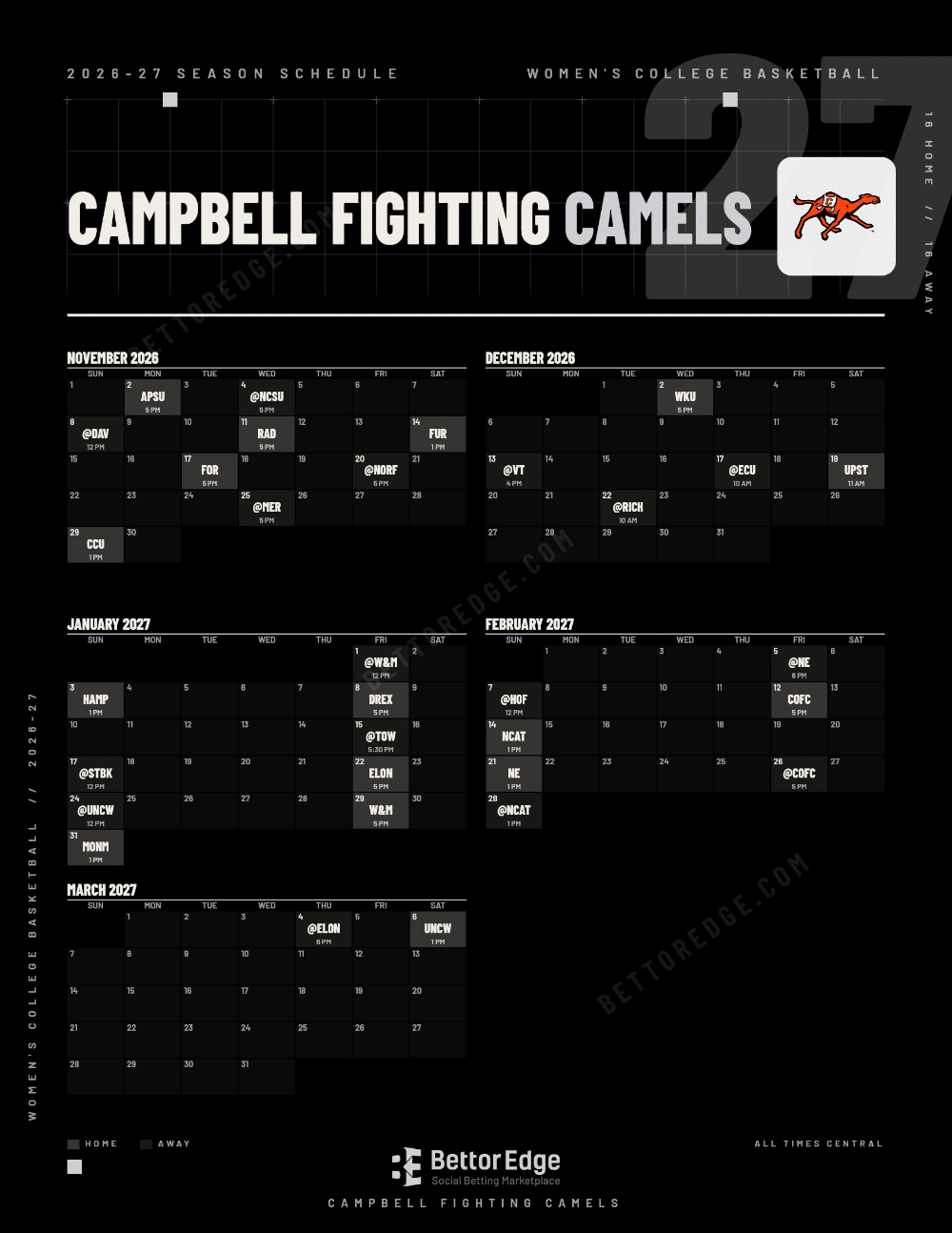 Campbell Fighting Camels 2026-27 women's basketball schedule, free printable, every game with start times and TV
