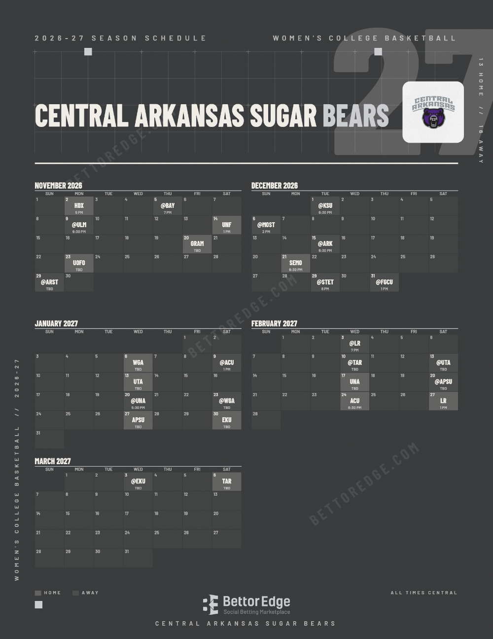 Central Arkansas Sugar Bears 2026-27 women's basketball schedule, free printable, every game with start times and TV