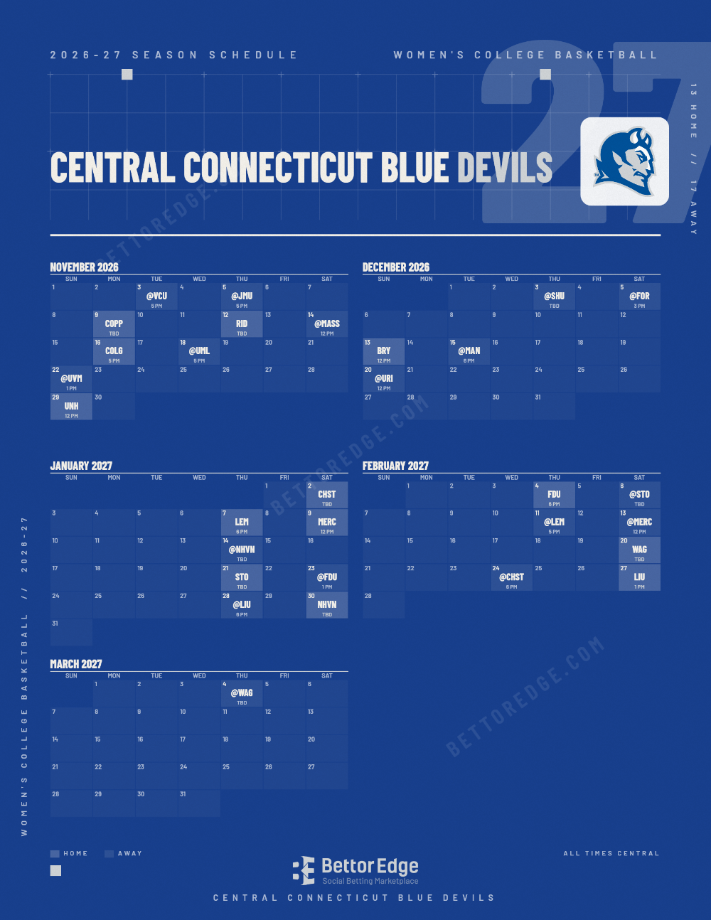 Central Connecticut Blue Devils 2026-27 women's basketball schedule, free printable, every game with start times and TV