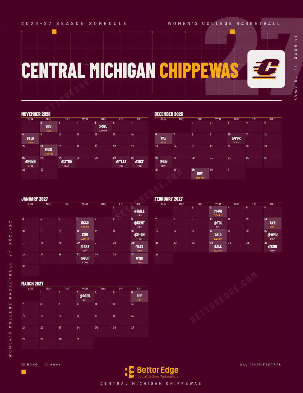 Central Michigan Chippewas 2026-27 women's basketball schedule, free printable, every game with start times and TV