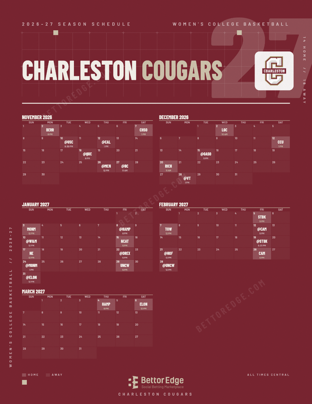 Charleston Cougars 2026-27 women's basketball schedule, free printable, every game with start times and TV