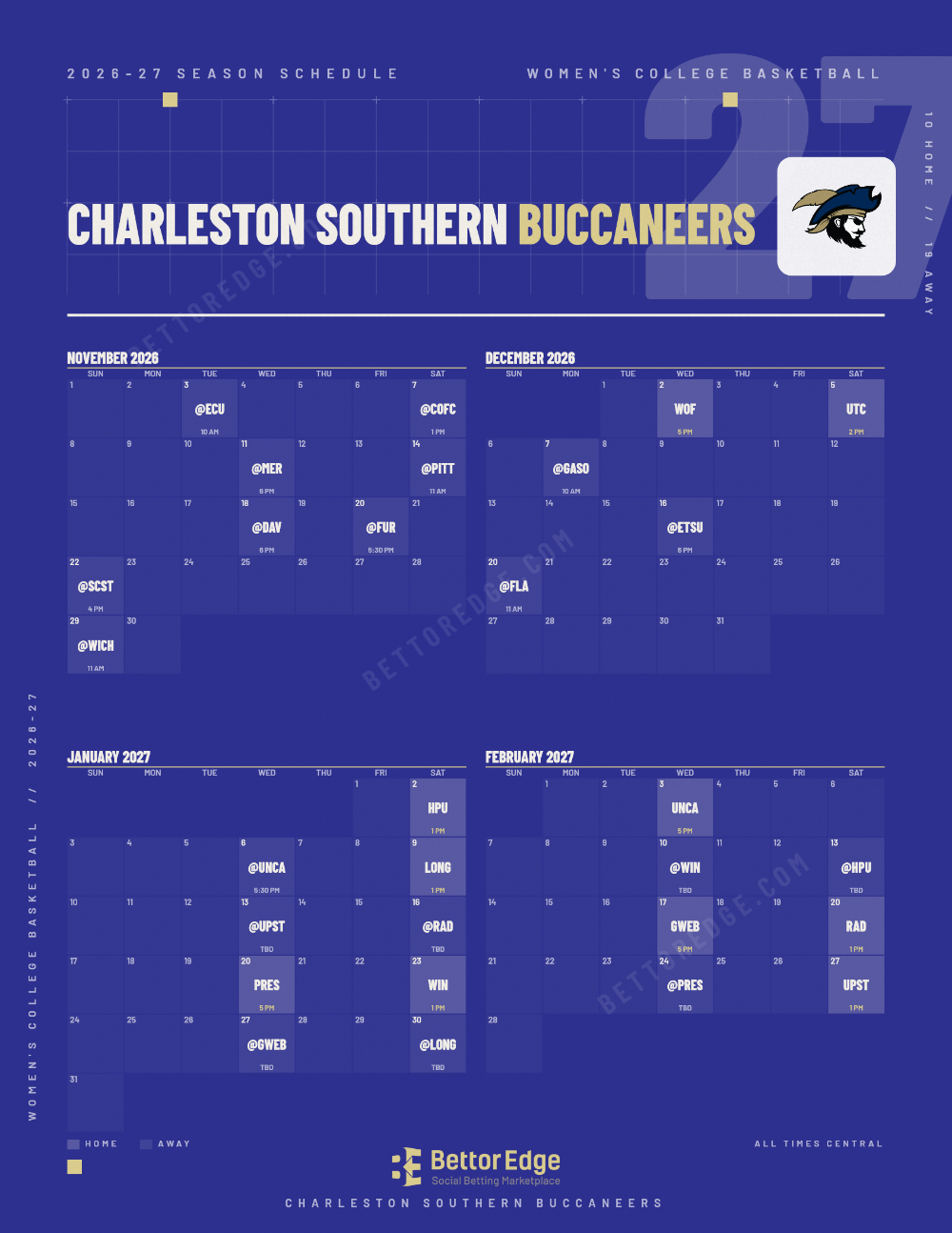 Charleston Southern Buccaneers 2026-27 women's basketball schedule, free printable, every game with start times and TV
