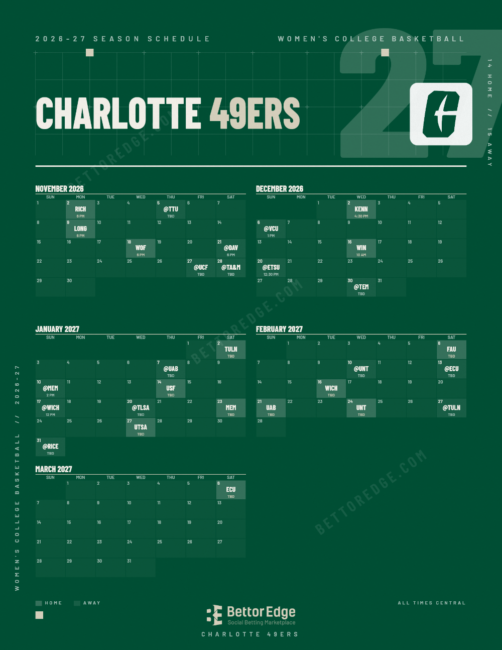 Charlotte 49ers 2026-27 women's basketball schedule, free printable, every game with start times and TV