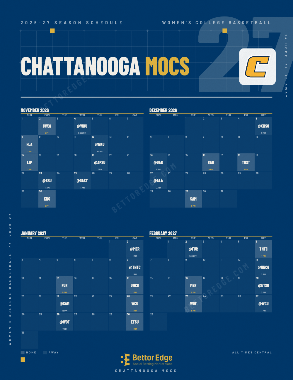 Chattanooga Mocs 2026-27 women's basketball schedule, free printable, every game with start times and TV