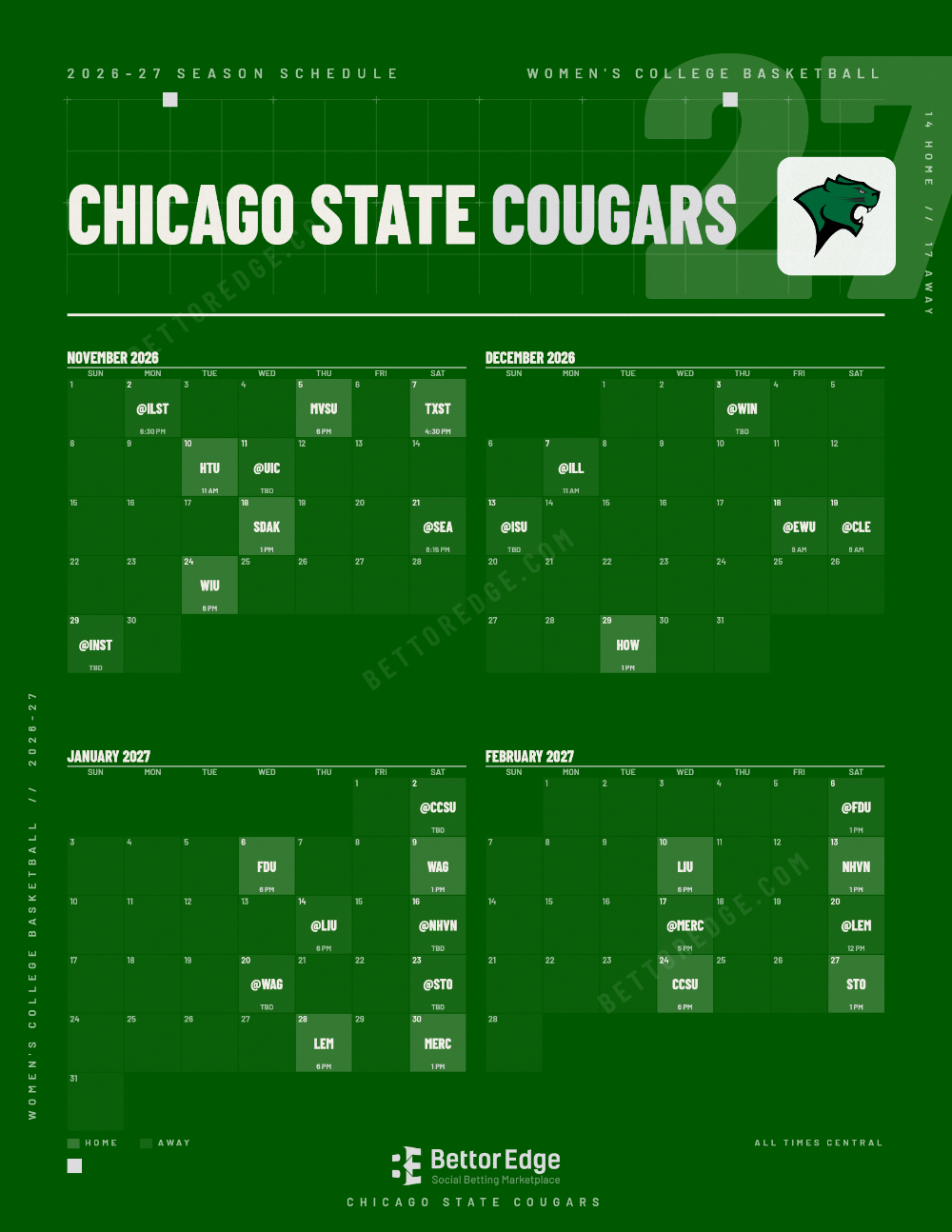 Chicago State Cougars 2026-27 women's basketball schedule, free printable, every game with start times and TV