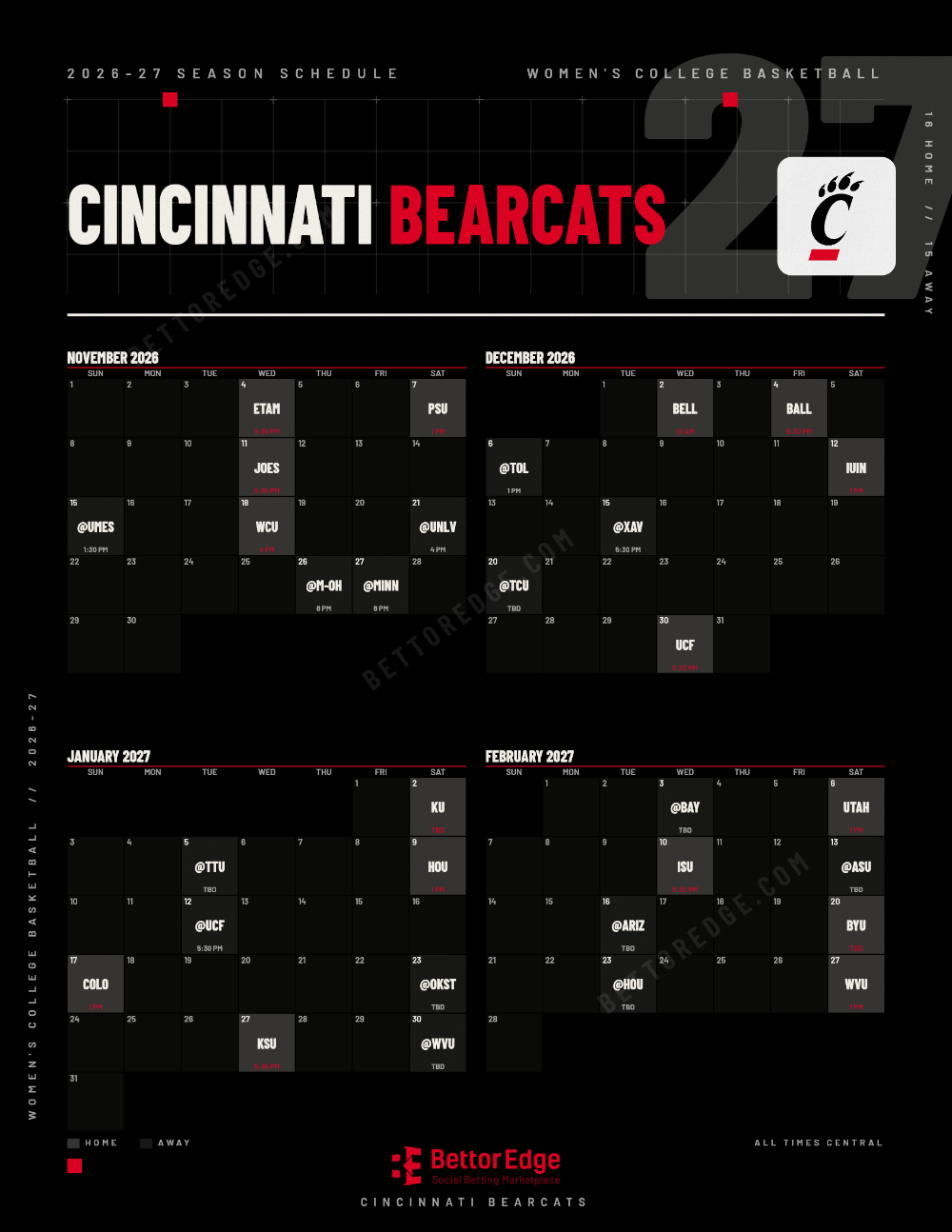 Cincinnati Bearcats 2026-27 women's basketball schedule, free printable, every game with start times and TV