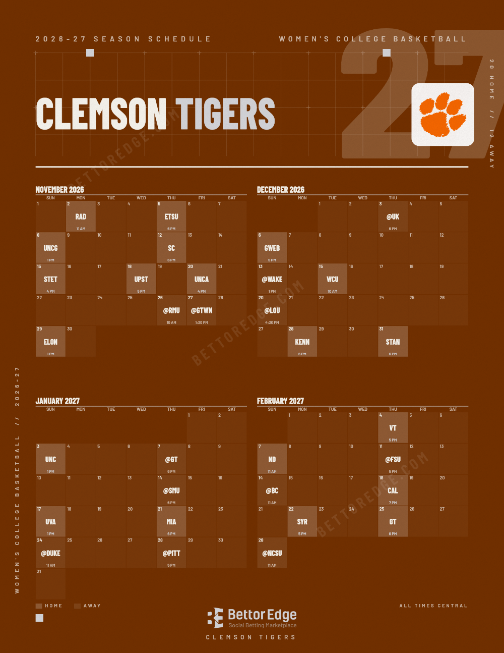 Clemson Tigers 2026-27 women's basketball schedule, free printable, every game with start times and TV