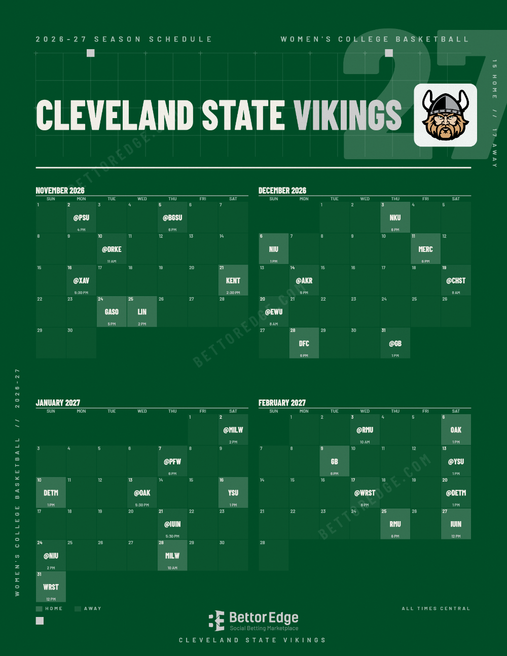 Cleveland State Vikings 2026-27 women's basketball schedule, free printable, every game with start times and TV