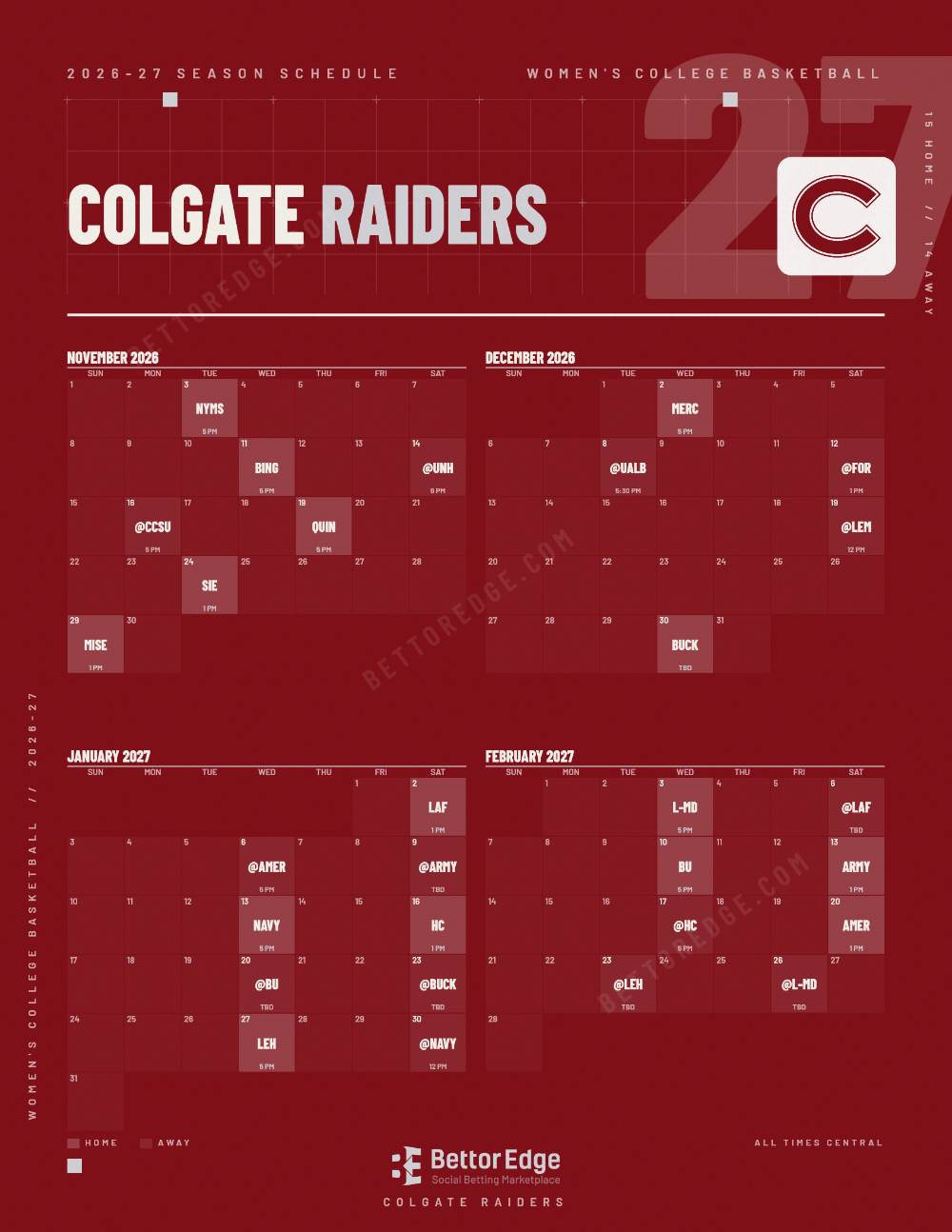 Colgate Raiders 2026-27 women's basketball schedule, free printable, every game with start times and TV
