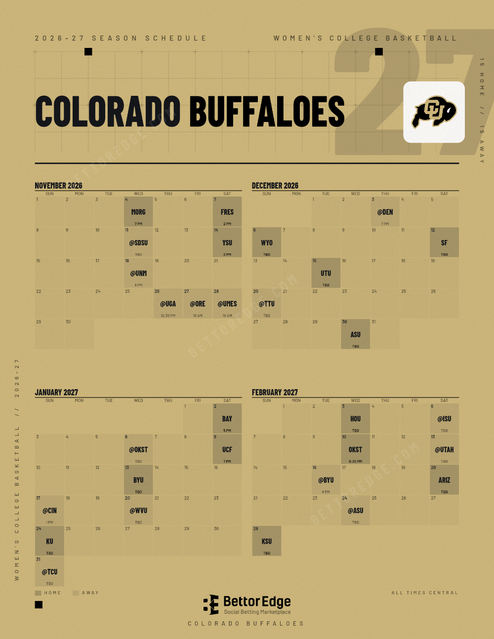 Colorado Buffaloes 2026-27 women's basketball schedule, free printable, every game with start times and TV