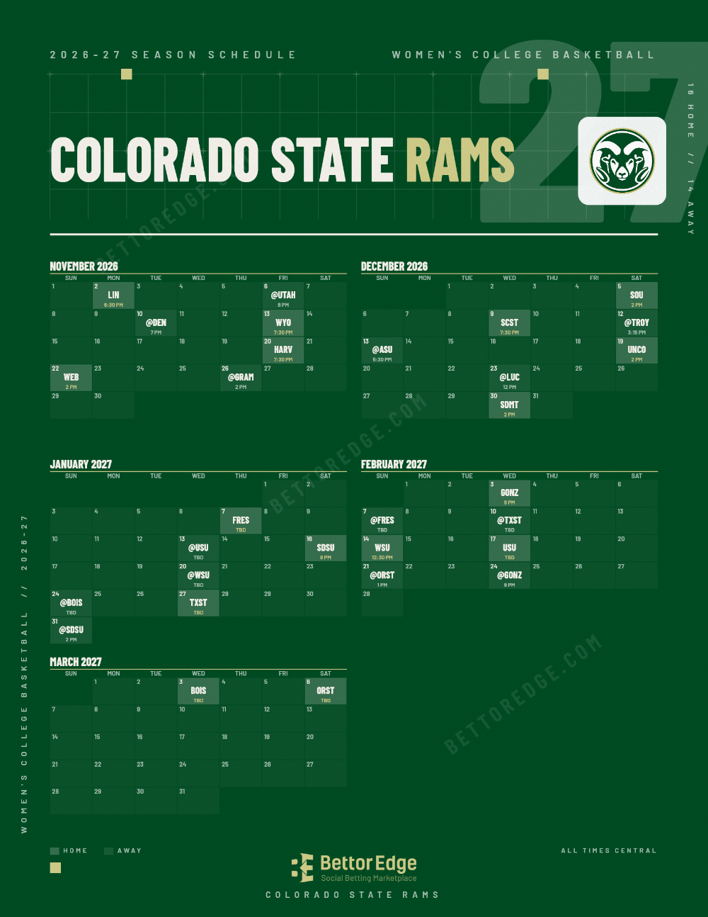 Colorado State Rams 2026-27 women's basketball schedule, free printable, every game with start times and TV