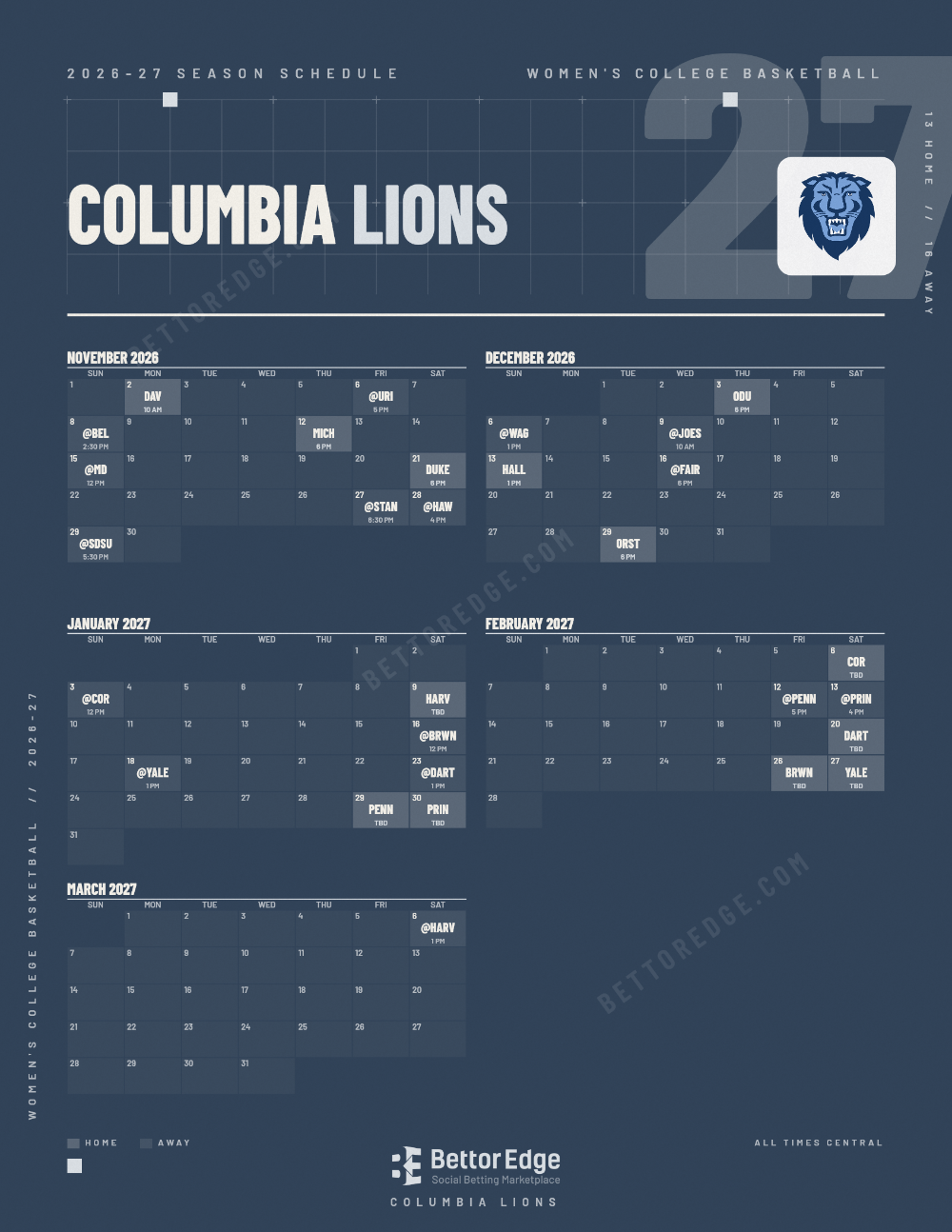 Columbia Lions 2026-27 women's basketball schedule, free printable, every game with start times and TV