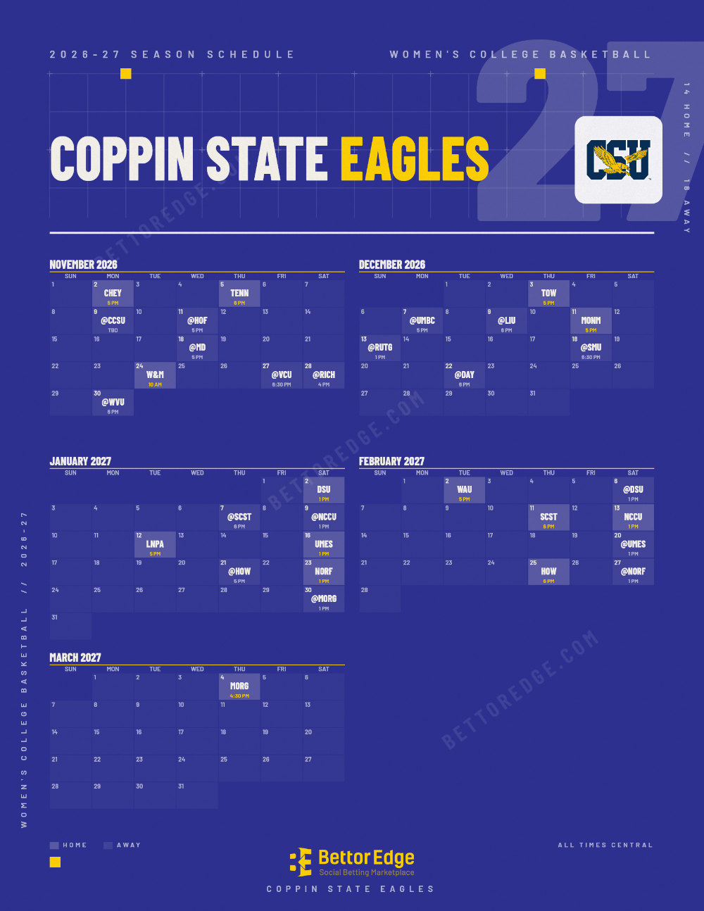 Coppin State Eagles 2026-27 women's basketball schedule, free printable, every game with start times and TV
