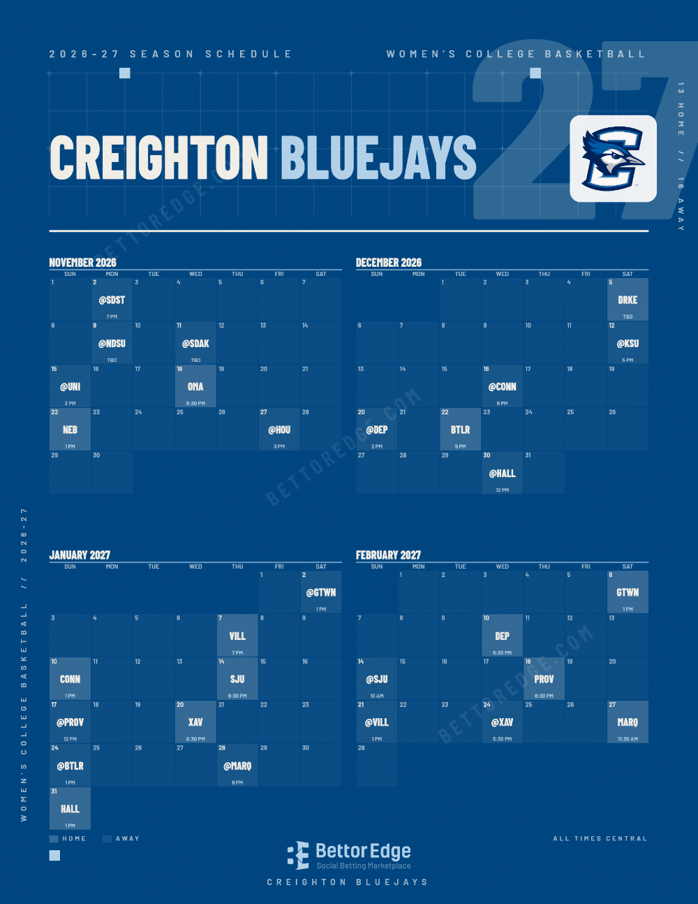 Creighton Bluejays 2026-27 women's basketball schedule, free printable, every game with start times and TV
