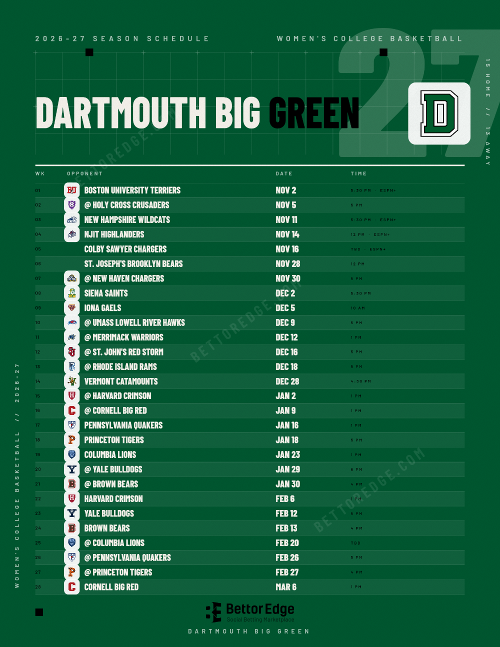 Dartmouth Big Green 2026-27 women's basketball schedule, free printable, every game with start times and TV