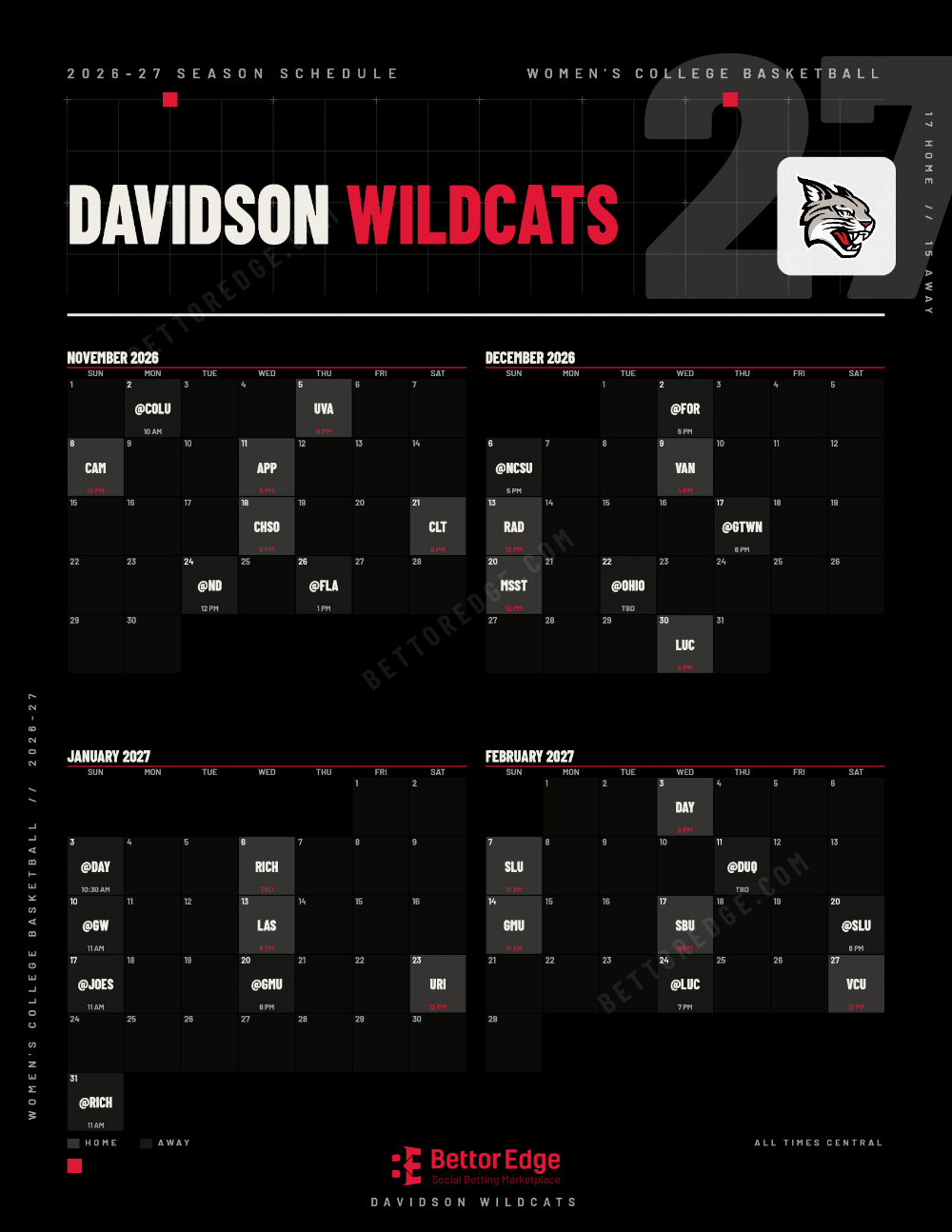 Davidson Wildcats 2026-27 women's basketball schedule, free printable, every game with start times and TV