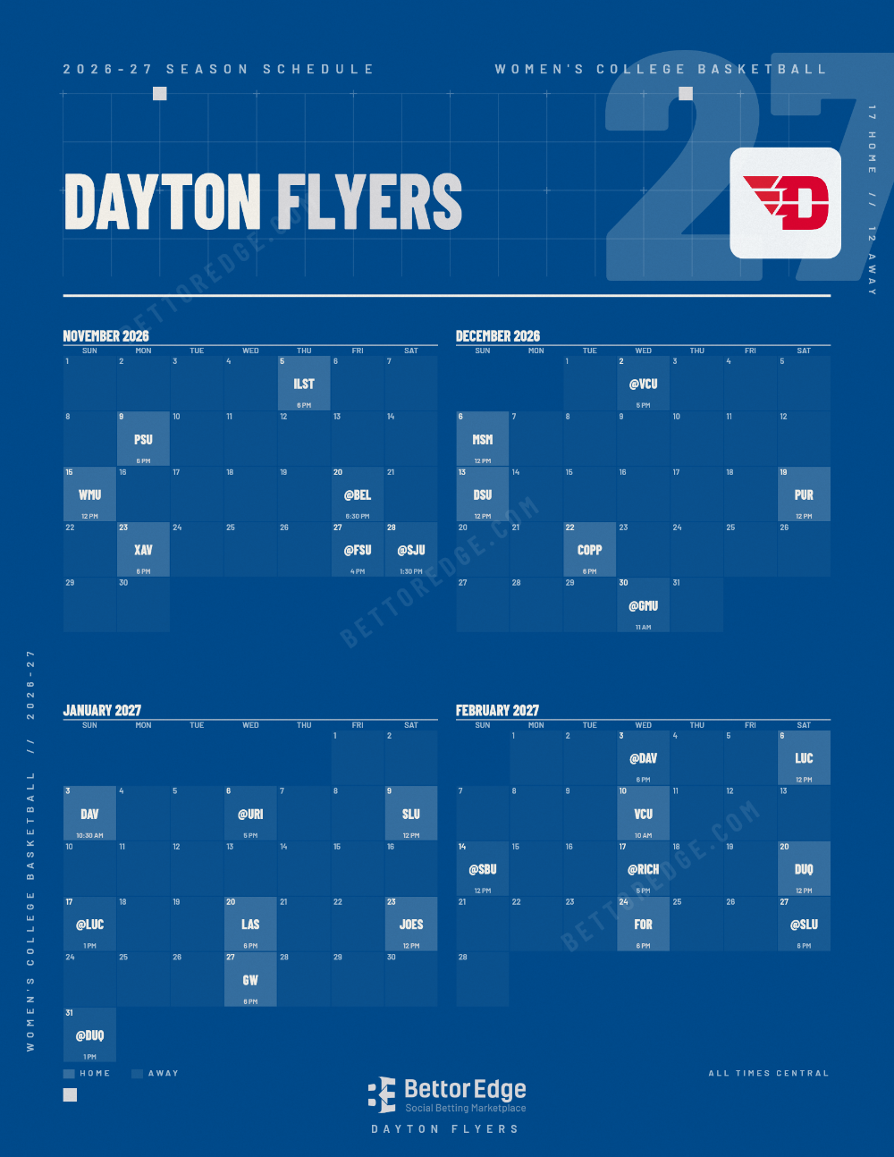Dayton Flyers 2026-27 women's basketball schedule, free printable, every game with start times and TV