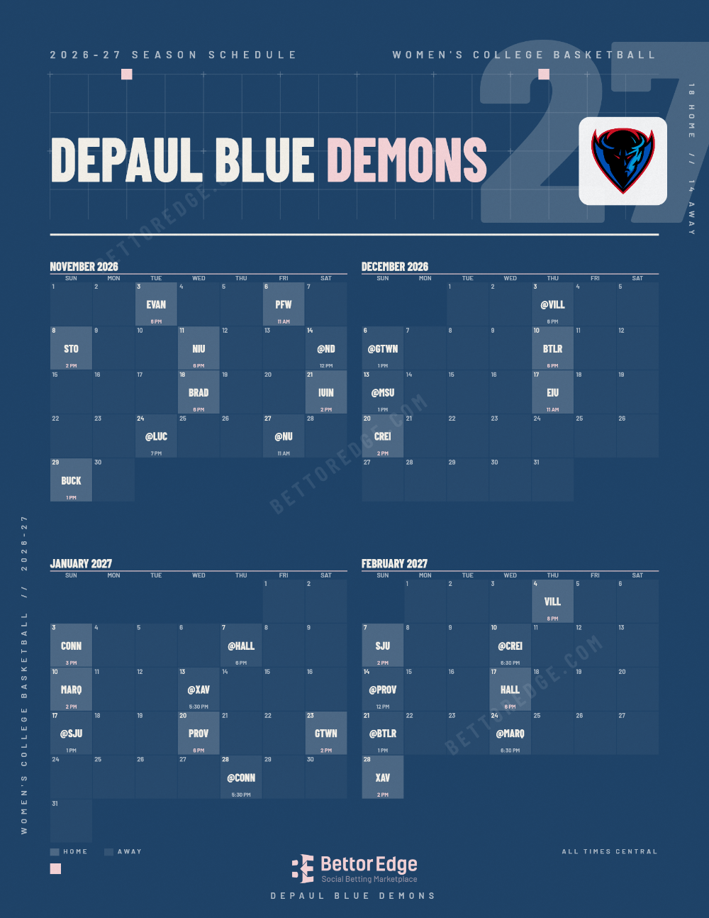 DePaul Blue Demons 2026-27 women's basketball schedule, free printable, every game with start times and TV