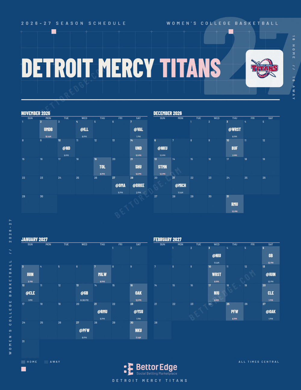 Detroit Mercy Titans 2026-27 women's basketball schedule, free printable, every game with start times and TV