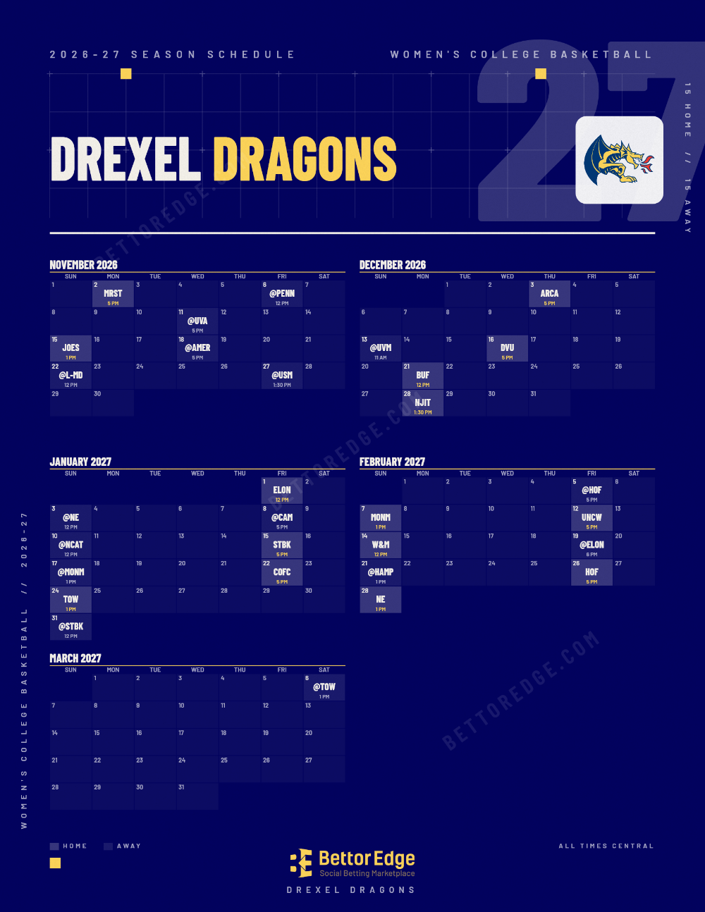 Drexel Dragons 2026-27 women's basketball schedule, free printable, every game with start times and TV