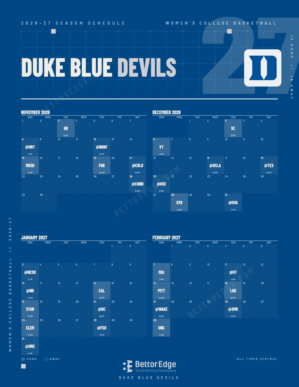 Duke Blue Devils 2026-27 women's basketball schedule, free printable, every game with start times and TV