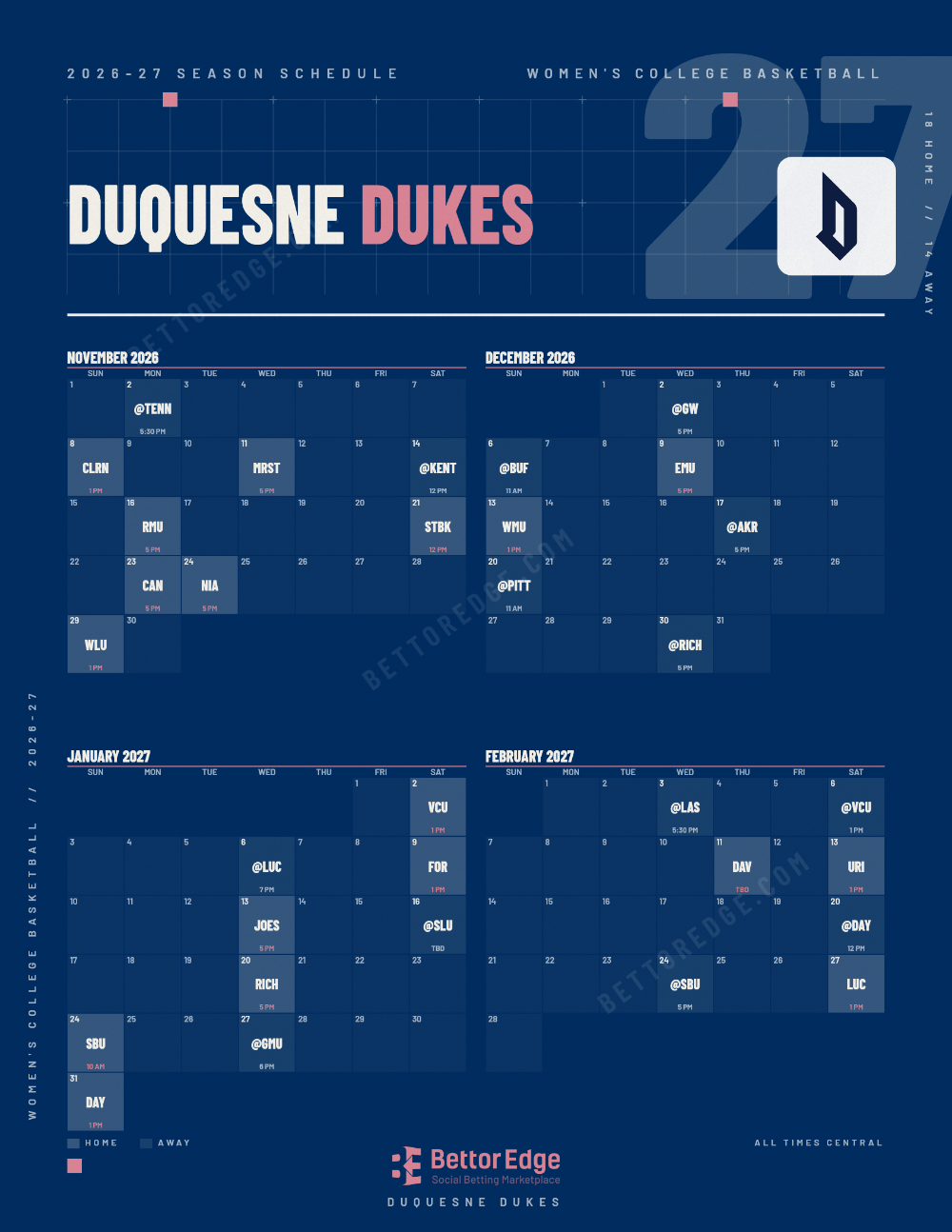 Duquesne Dukes 2026-27 women's basketball schedule, free printable, every game with start times and TV