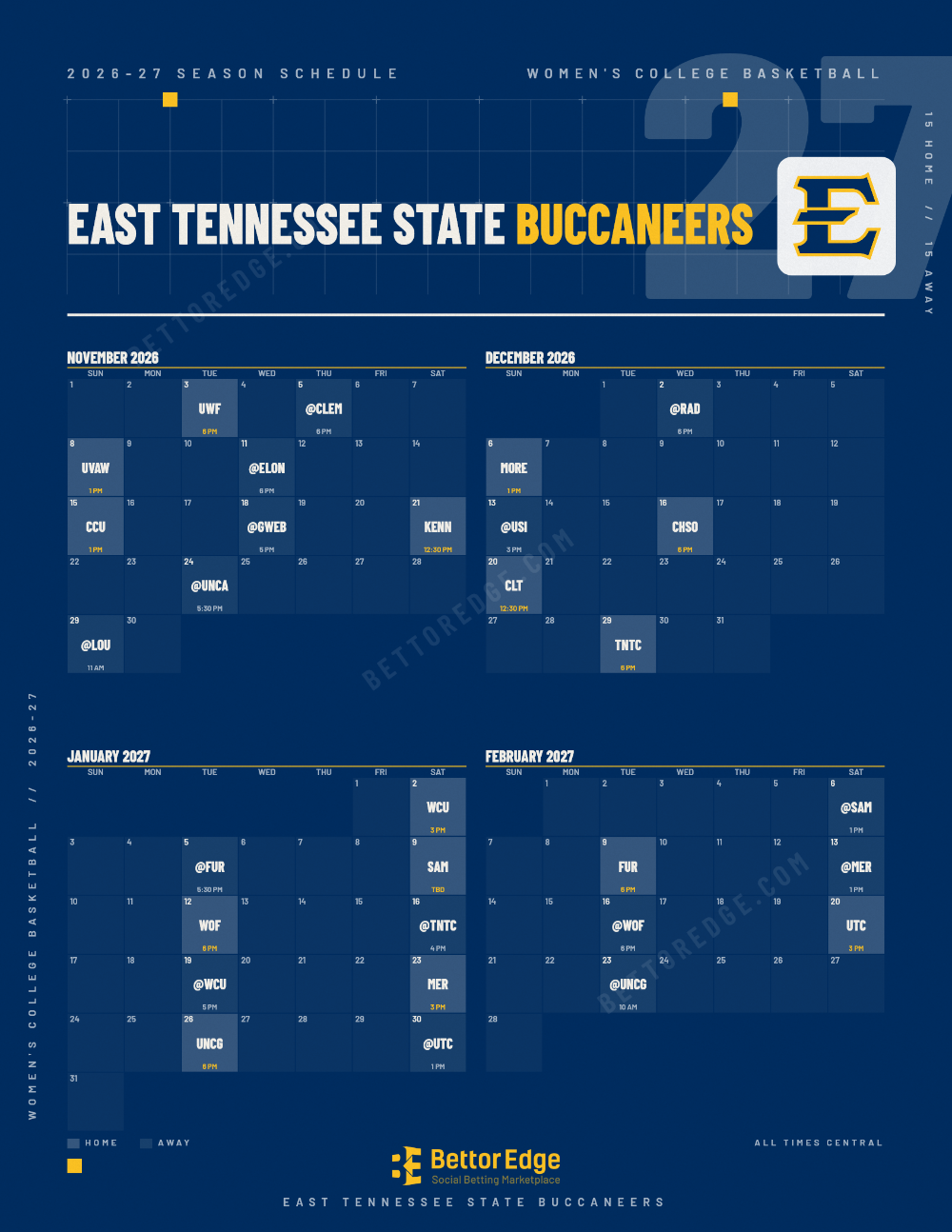 East Tennessee State Buccaneers 2026-27 women's basketball schedule, free printable, every game with start times and TV