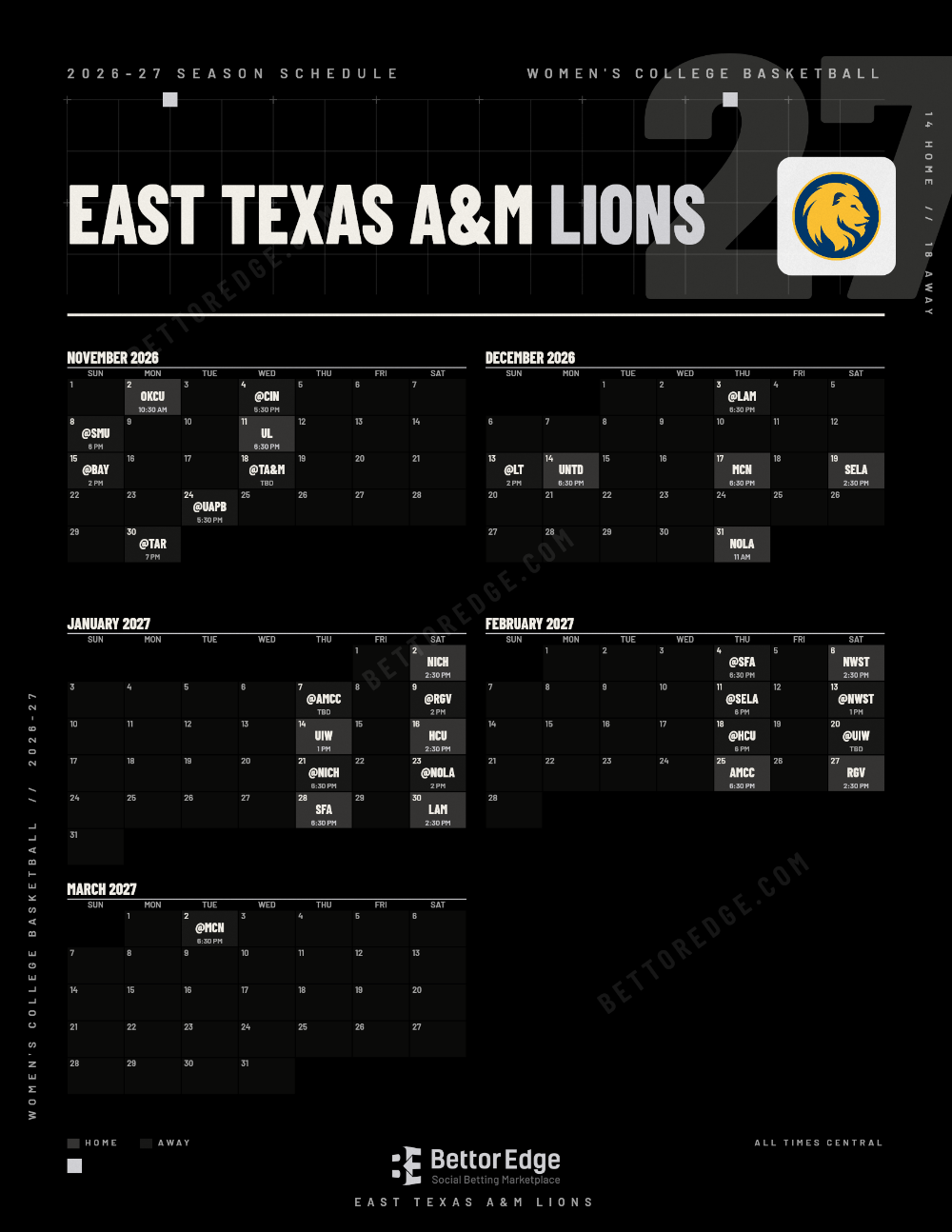East Texas A&M Lions 2026-27 women's basketball schedule, free printable, every game with start times and TV