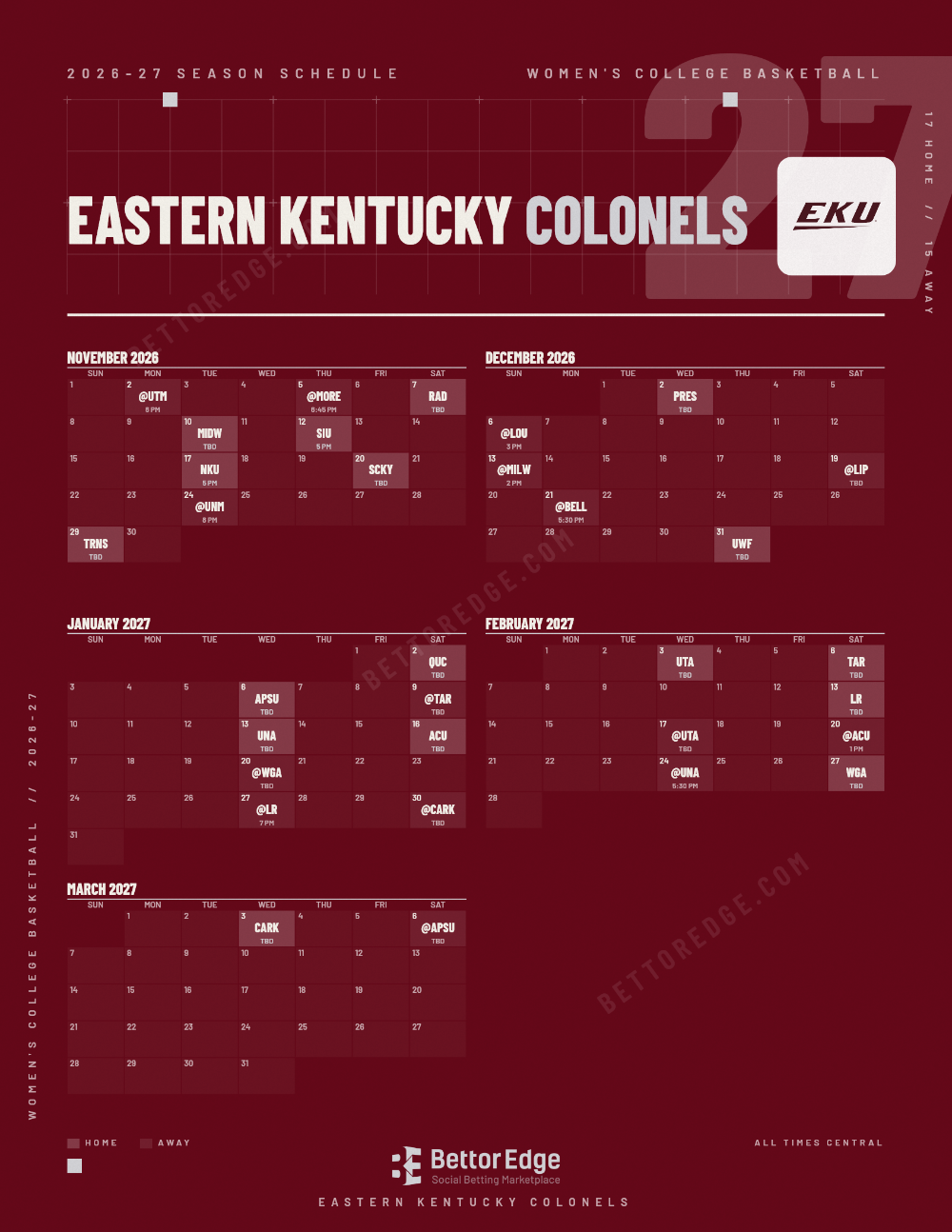 Eastern Kentucky Colonels 2026-27 women's basketball schedule, free printable, every game with start times and TV