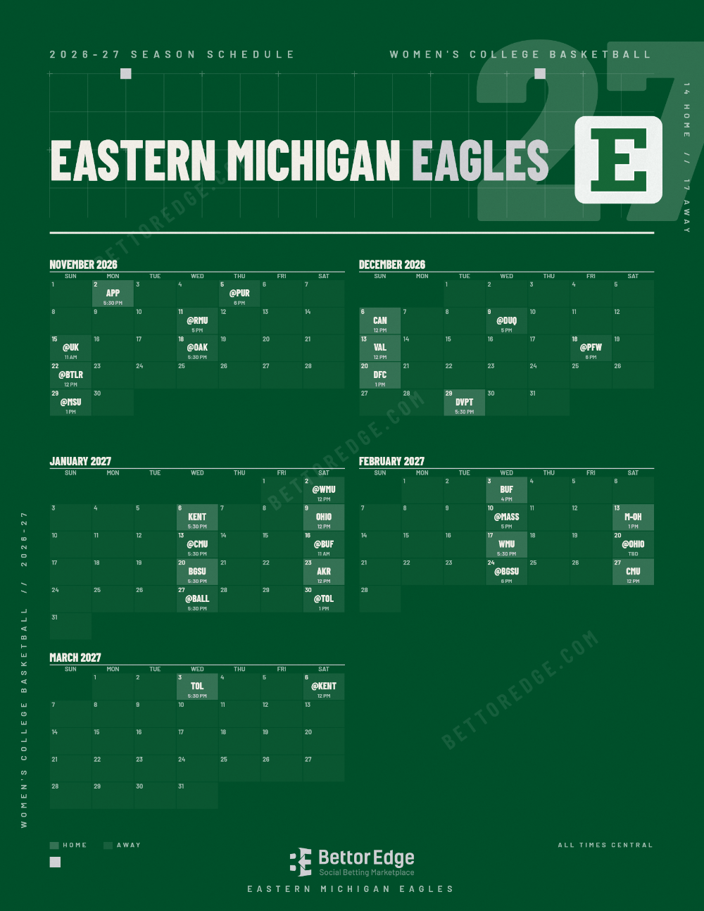 Eastern Michigan Eagles 2026-27 women's basketball schedule, free printable, every game with start times and TV