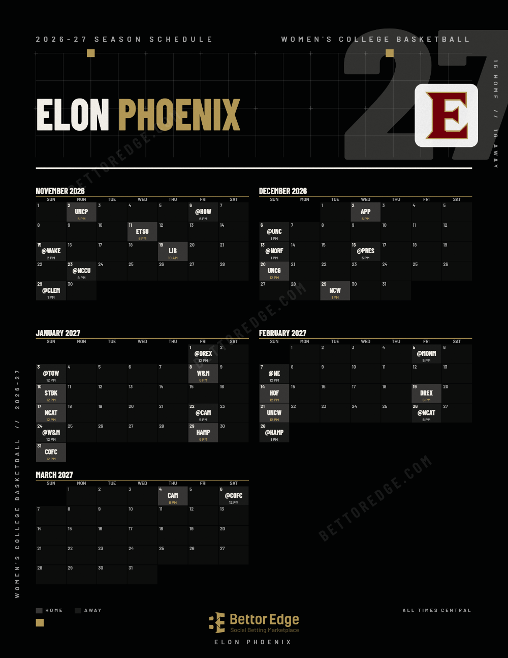Elon Phoenix 2026-27 women's basketball schedule, free printable, every game with start times and TV