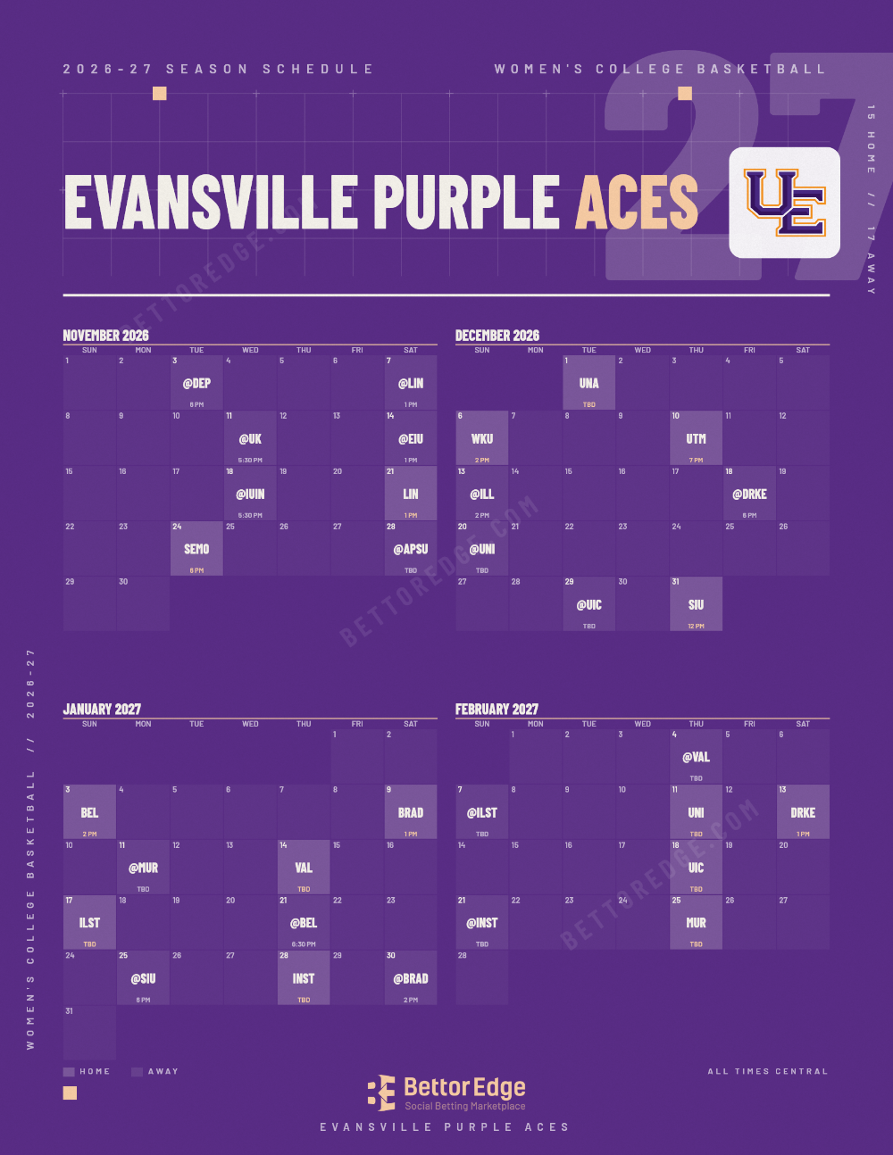 Evansville Purple Aces 2026-27 women's basketball schedule, free printable, every game with start times and TV