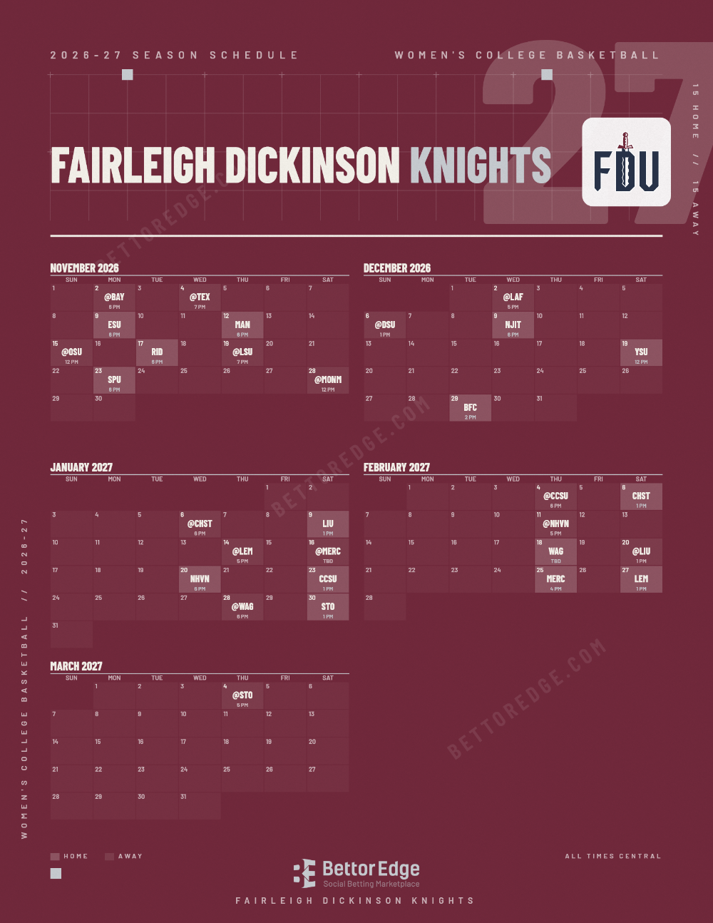 Fairleigh Dickinson Knights 2026-27 women's basketball schedule, free printable, every game with start times and TV