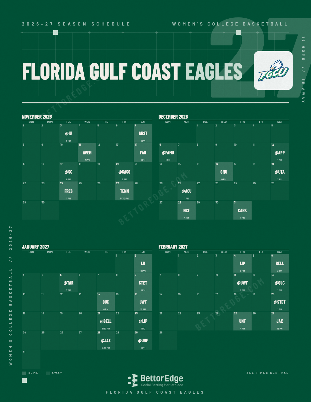 Florida Gulf Coast Eagles 2026-27 women's basketball schedule, free printable, every game with start times and TV