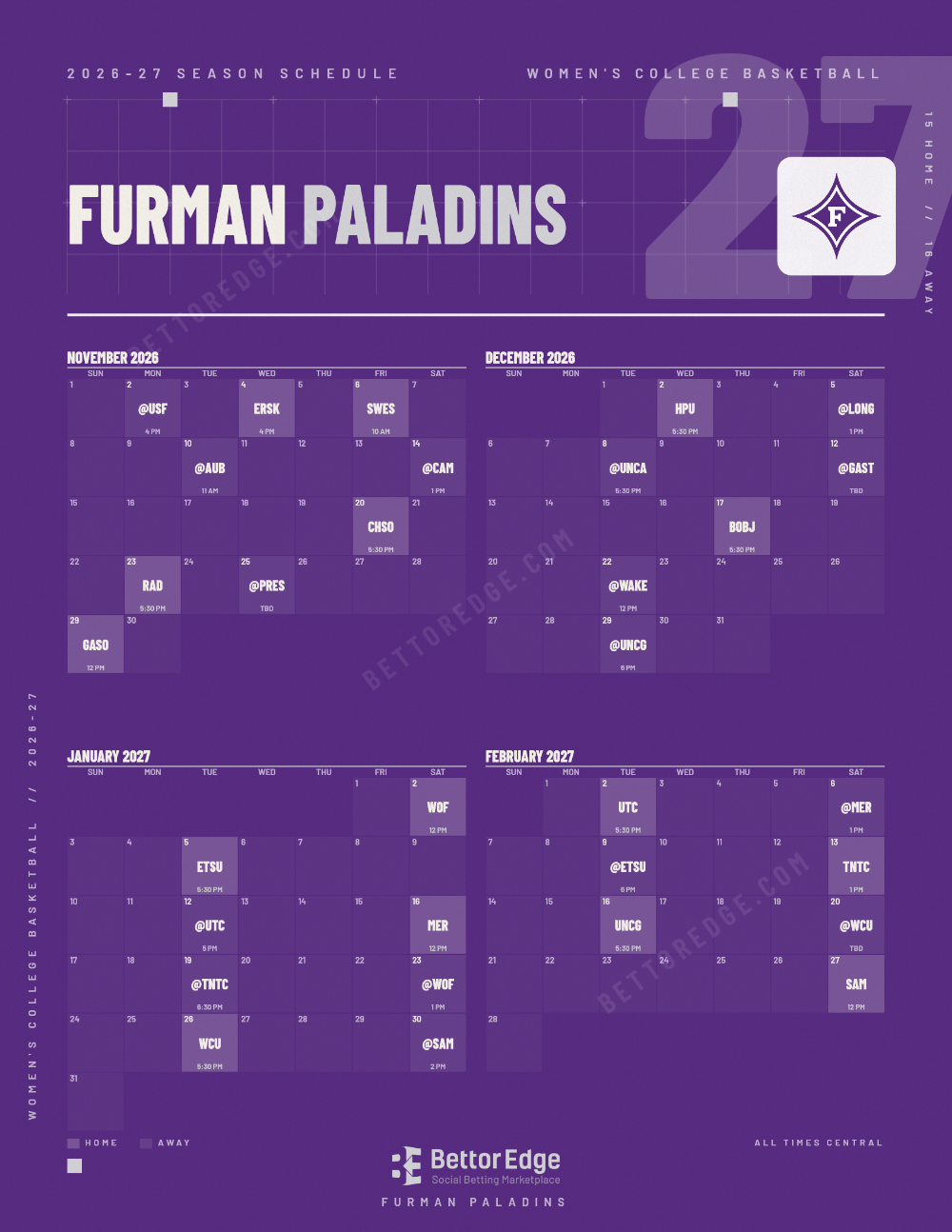 Furman Paladins 2026-27 women's basketball schedule, free printable, every game with start times and TV
