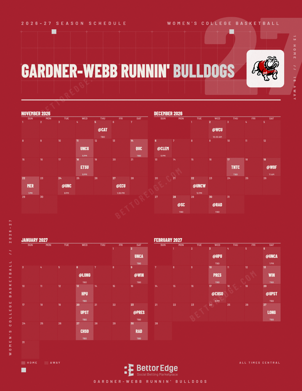 Gardner-Webb Runnin' Bulldogs 2026-27 women's basketball schedule, free printable, every game with start times and TV