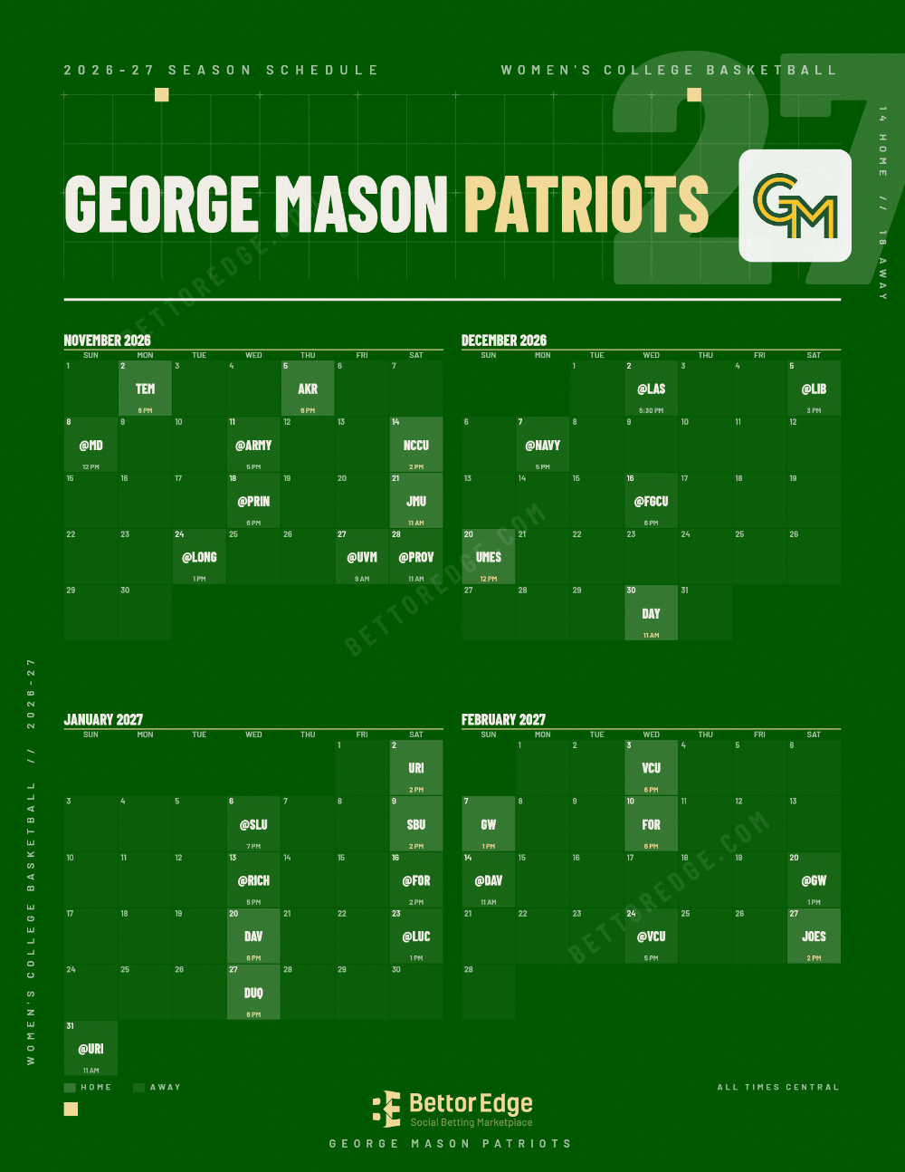 George Mason Patriots 2026-27 women's basketball schedule, free printable, every game with start times and TV