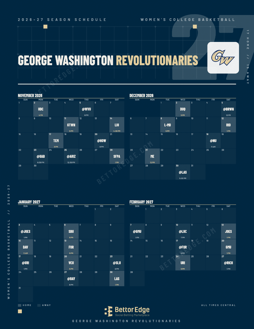 George Washington Revolutionaries 2026-27 women's basketball schedule, free printable, every game with start times and TV