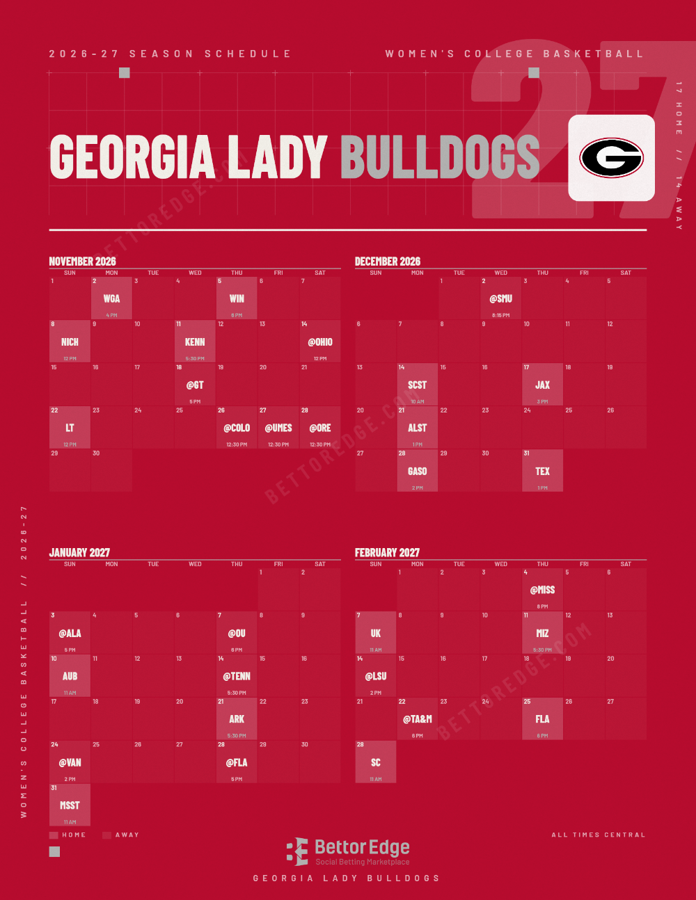 Georgia Lady Bulldogs 2026-27 women's basketball schedule, free printable, every game with start times and TV