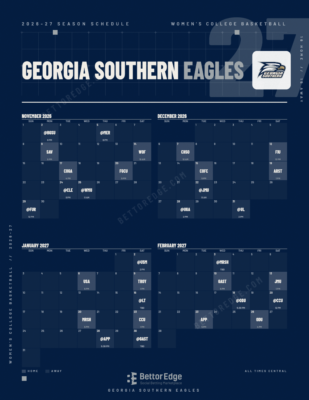 Georgia Southern Eagles 2026-27 women's basketball schedule, free printable, every game with start times and TV