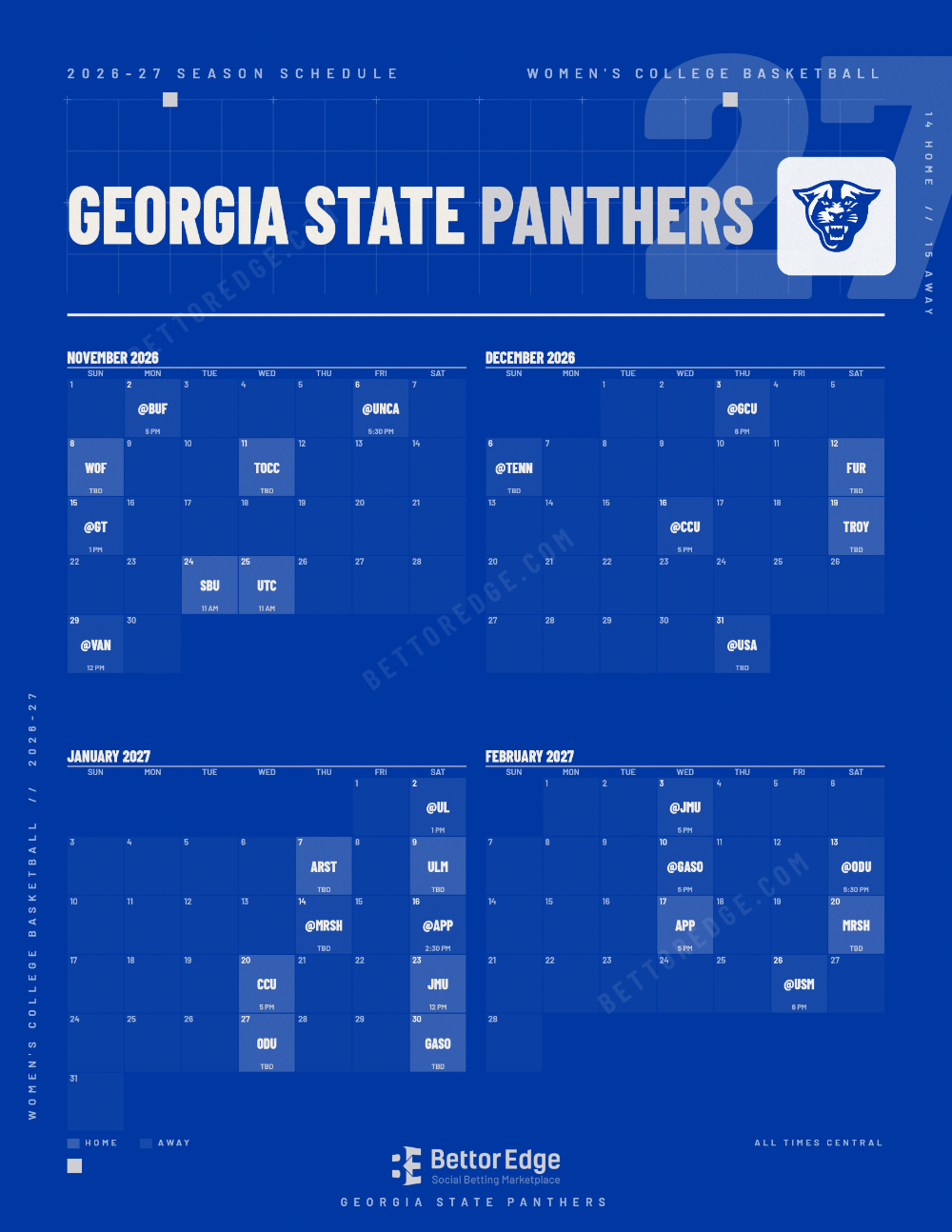 Georgia State Panthers 2026-27 women's basketball schedule, free printable, every game with start times and TV