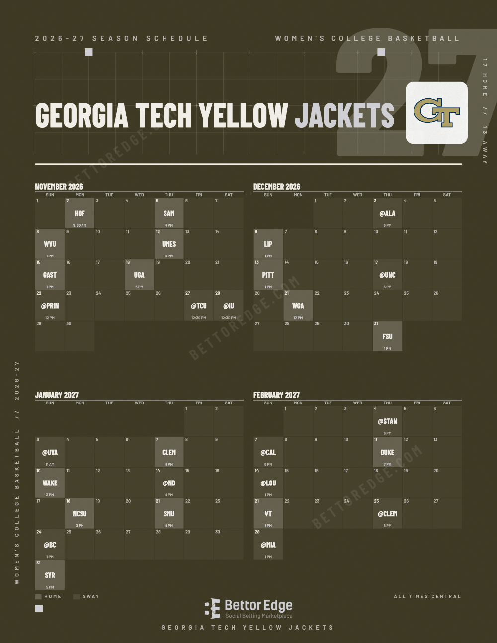 Georgia Tech Yellow Jackets 2026-27 women's basketball schedule, free printable, every game with start times and TV